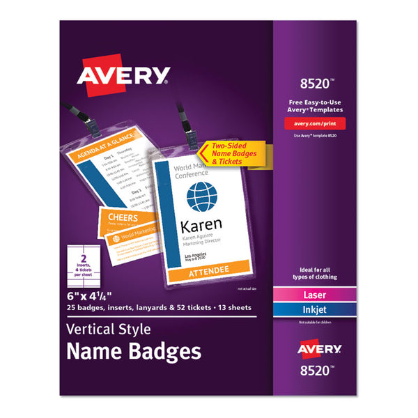 Avery® Lanyard-Style Badge Holder w/Laser/Inkjet Inserts, Top Load, 4.25 x 6, WE, 25/PK (AVE8520)