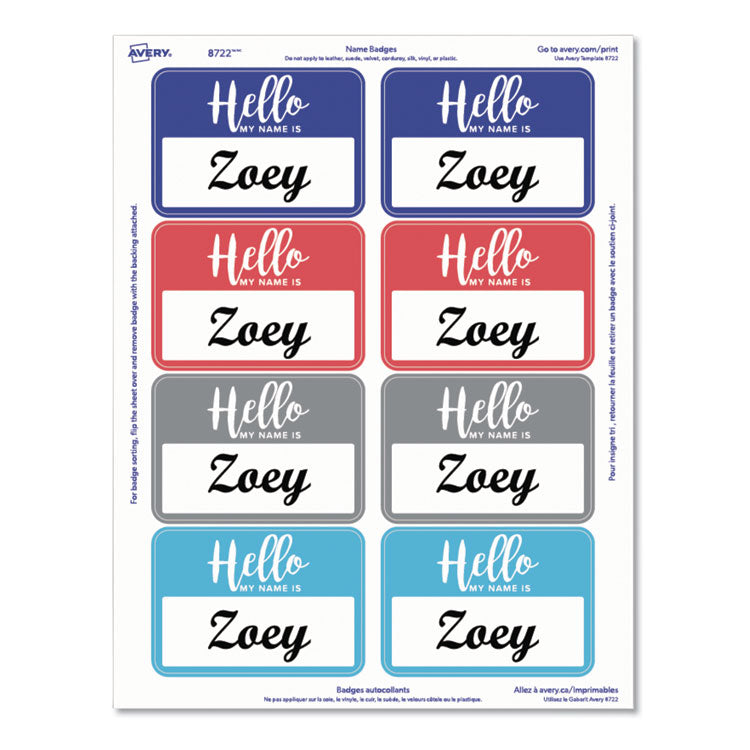 Avery® Flexible Adhesive Name Badge Labels, "Hello", 3 3/8 x 2 1/3, Assorted, 120/PK (AVE8722) Pack of 120