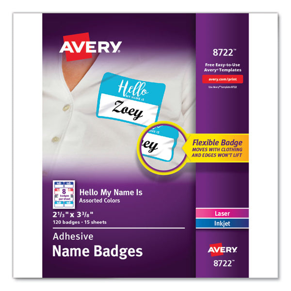 Avery® Flexible Adhesive Name Badge Labels, "Hello", 3 3/8 x 2 1/3, Assorted, 120/PK (AVE8722)