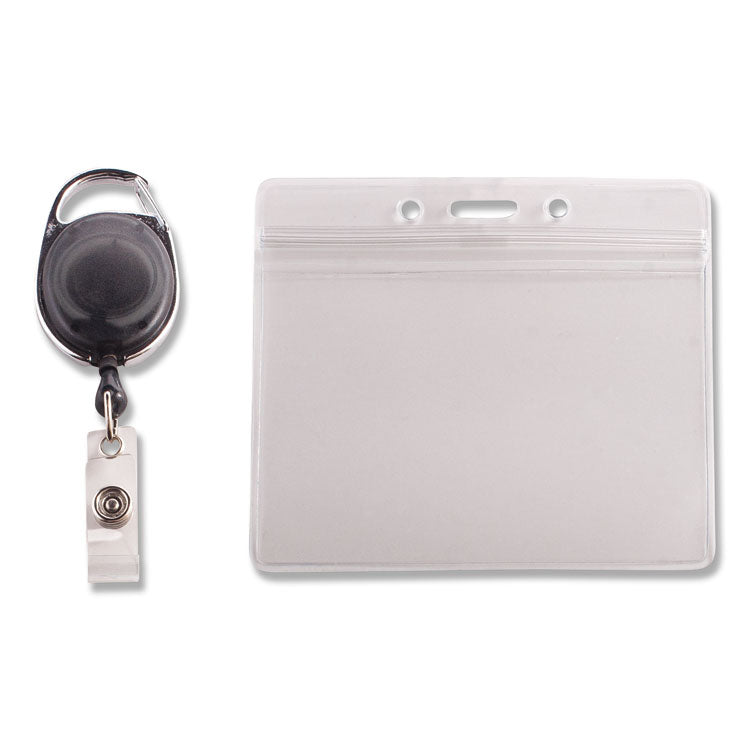 Advantus Resealable ID Badge Holders with 30" Cord Reel, Horizontal, Frosted 4.13" x 3.75" Holder, 3.75" x 2.63" Insert, 10/Pack (AVT91130) Pack of 10