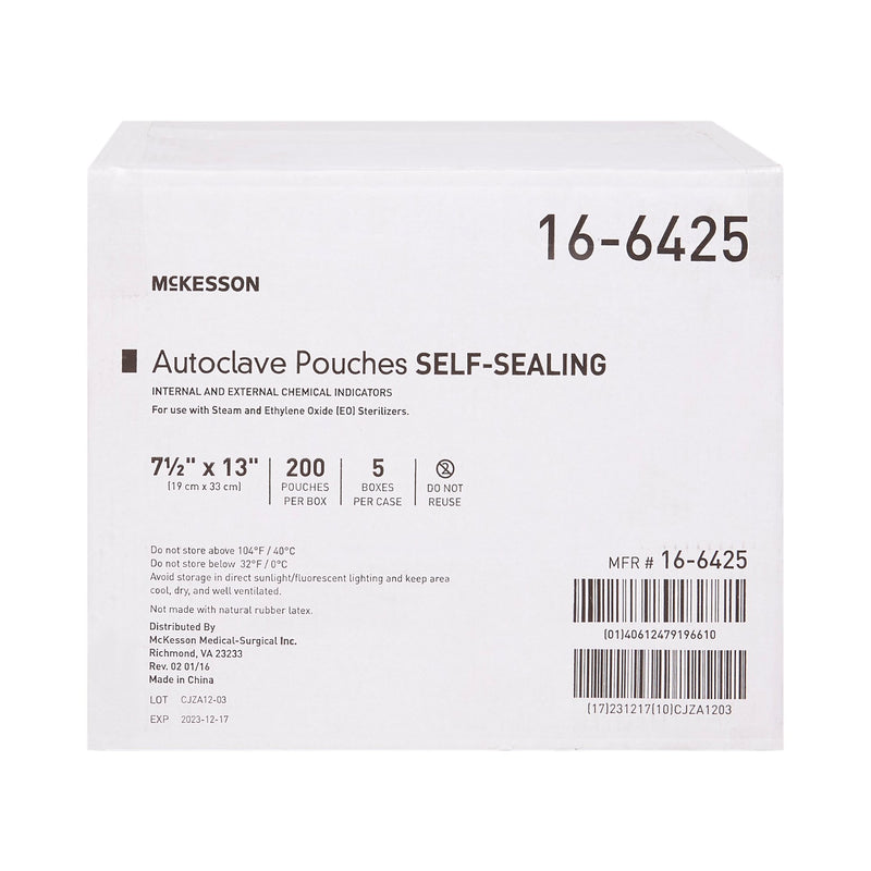 McKesson Sterilization Pouch Ethylene Oxide (EO) Gas / Steam 7-1/2 X 13 Inch Transparent Blue / White Self Seal Paper / Film (960945_CS) 1000/CS