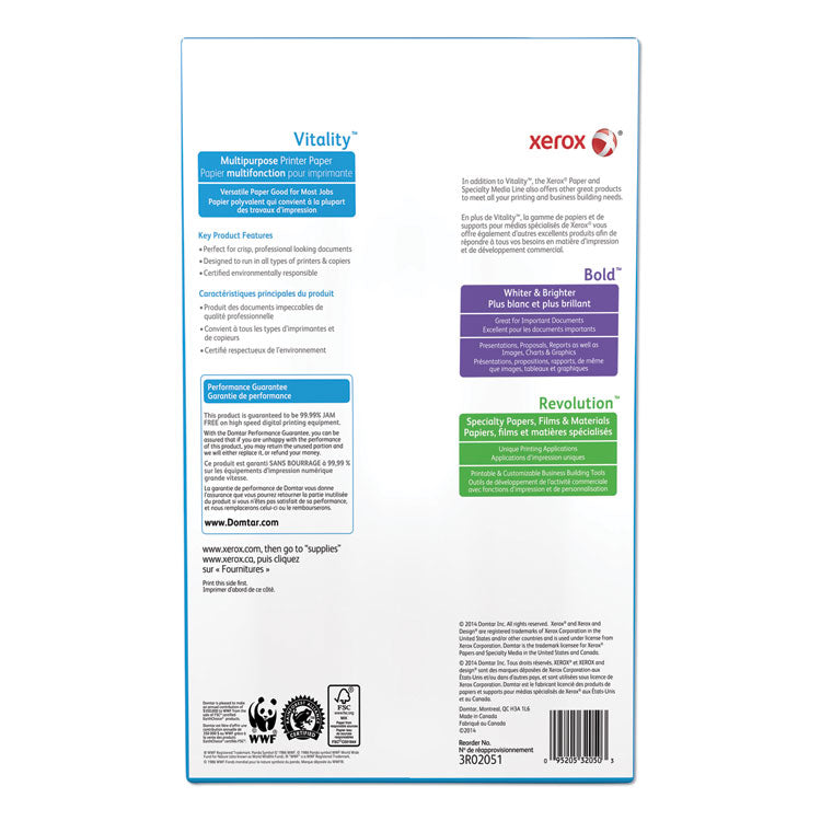 xerox™ Vitality Multipurpose Print Paper, 92 Bright, 20 lb Bond Weight, 8.5 x 14, White, 500 Sheets/Ream, 10 Reams/Carton (XER3R02051CT)