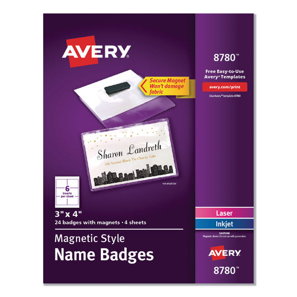 Avery® Magnetic Style Name Badge Kit, Horizontal, 4 x 3, White, 24/Pack (AVE8780)