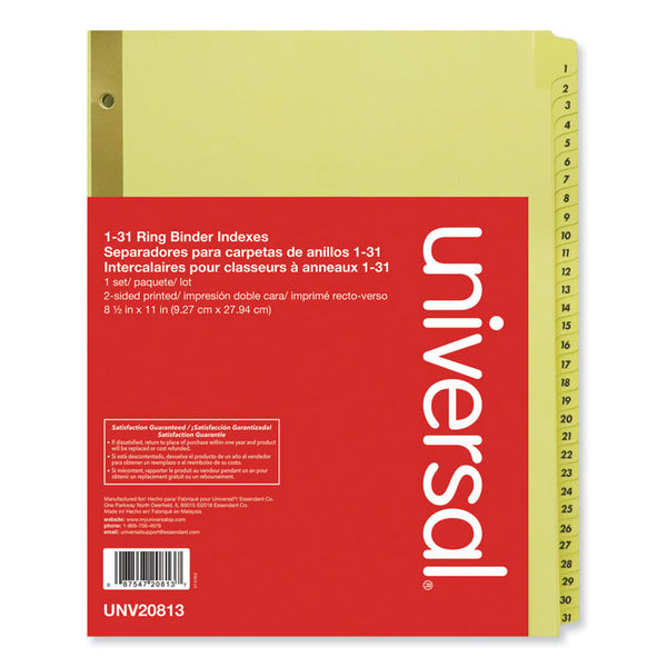 Universal® Deluxe Preprinted Plastic Coated Tab Dividers with Black Printing, 31-Tab, 1 to 31, 11 x 8.5, Buff, 1 Set (UNV20813)