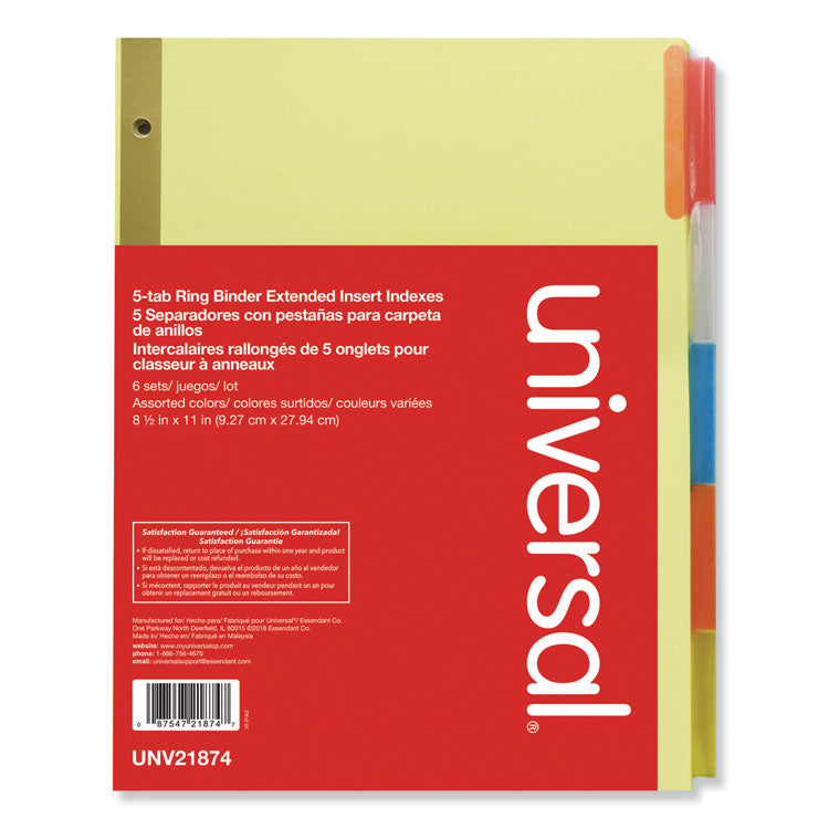 Universal® Deluxe Extended Insertable Tab Indexes, 5-Tab, 11 x 8.5, Buff, Assorted Tabs, 6 Sets (UNV21874) Pack of 6 Sets
