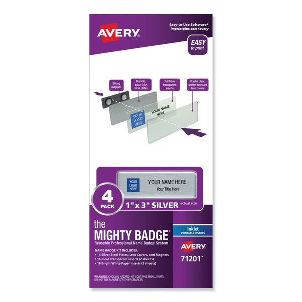 The Mighty Badge&reg; The Mighty Badge Name Badge Holder Kit, Horizontal, 3 x 1, Inkjet, Silver, 4 Holders/32 Inserts (AVE71201)