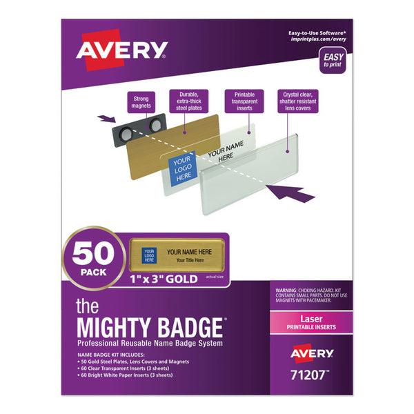 Avery® The Mighty Badge Name Badge Holder Kit, Horizontal, 3 x 1, Laser, Gold, 50 Holders/120 Inserts (AVE71207)