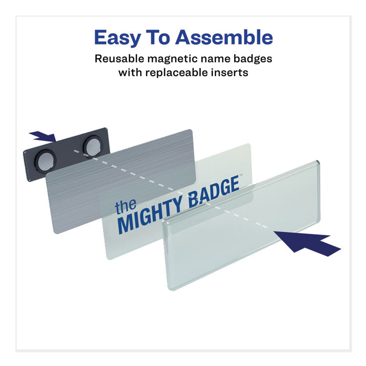 Avery® The Mighty Badge Name Badge Holder Kit, Horizontal, 3 x 1, Inkjet, Silver, 10 Holders/ 80 Inserts (AVE71205) Pack of 10