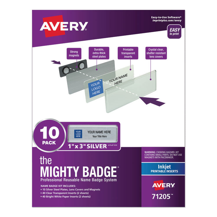 Avery® The Mighty Badge Name Badge Holder Kit, Horizontal, 3 x 1, Inkjet, Silver, 10 Holders/ 80 Inserts (AVE71205) Pack of 10