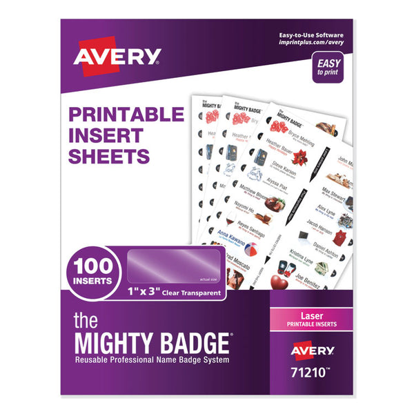 Avery The Mighty Badge Name Badge Inserts, 1 x 3, Clear, Laser, 20/Sheet, 5 Sheets/Pack (AVE71210)