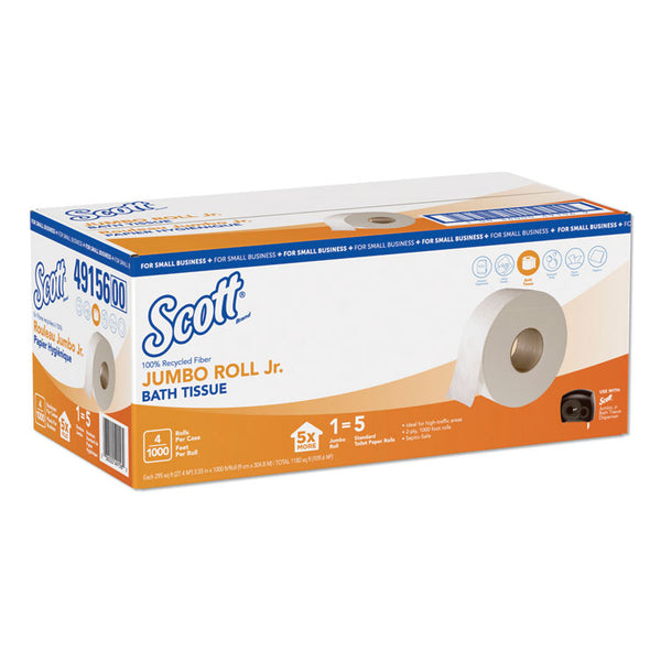 Scott® Essential 100% Recycled Fiber JRT Bathroom Tissue, Septic Safe, 2-Ply, White, 3.55" x 1,000 ft, 4 Rolls/Carton (KCC49156)