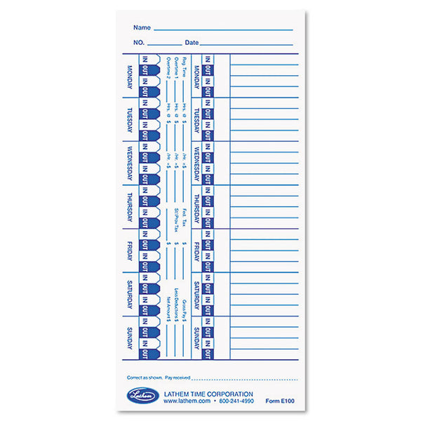 Lathem® Time Time Clock Cards for Lathem Time E Series, One Side, 4 x 9, 100/Pack (LTHE100) Pack of 100