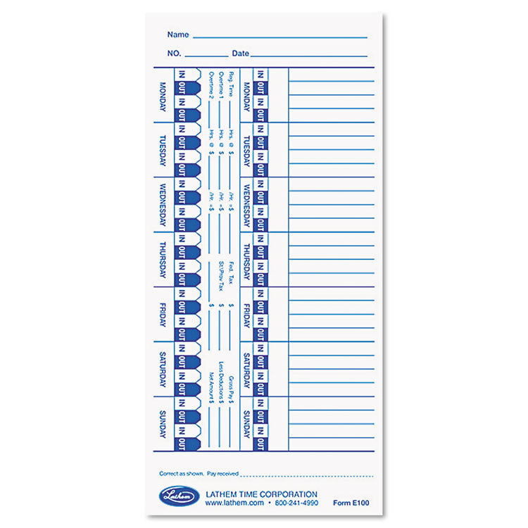 Lathem® Time Time Clock Cards for Lathem Time E Series, One Side, 4 x 9, 100/Pack (LTHE100) Pack of 100