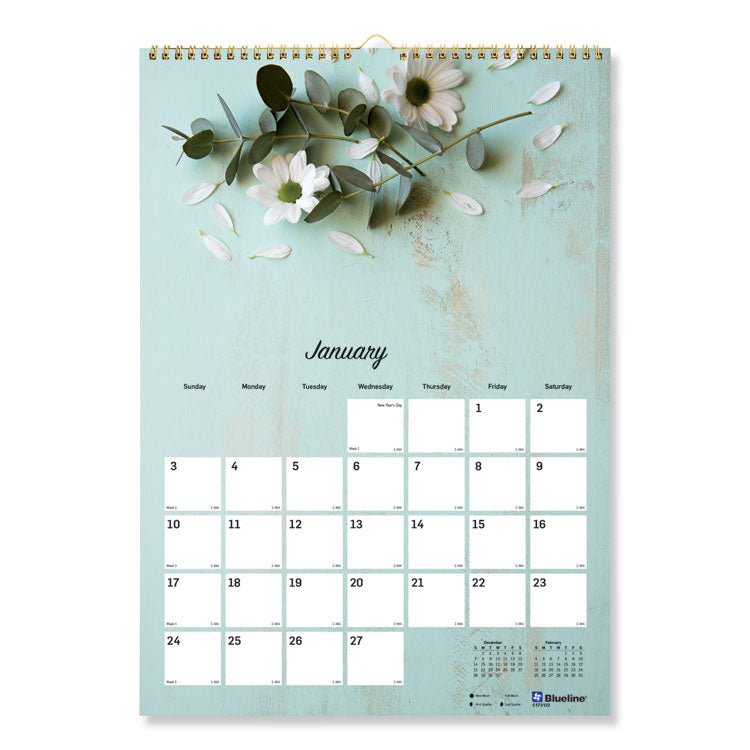 Blueline® Romantic Wall Calendar, Romantic Floral Photography, 12 x 17, Multicolor/White Sheets, 12-Month (Jan to Dec): 2024 (REDC173122)