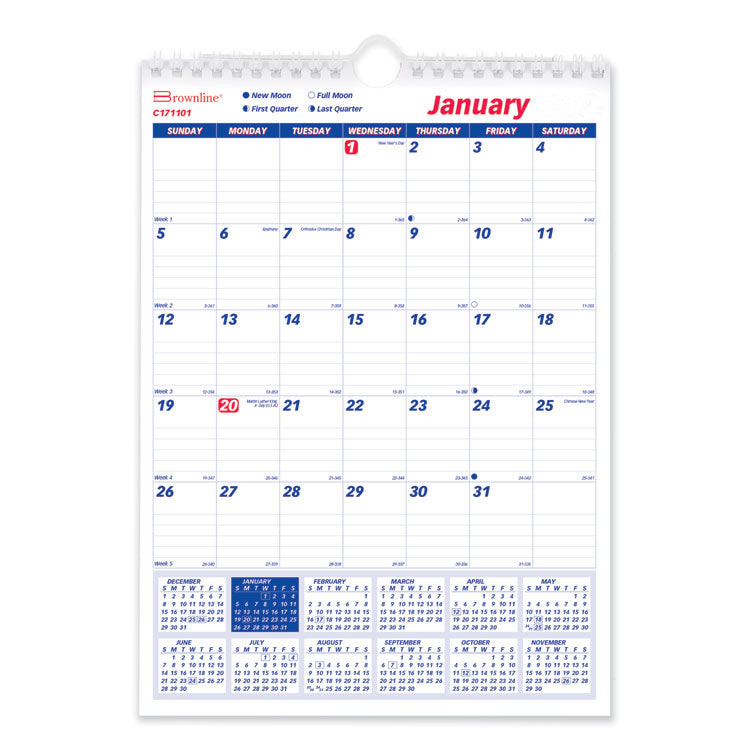 Brownline® Twin-Wirebound Wall Calendar, One Month per Page, 8 x 11, White Sheets, 12-Month (Jan to Dec): 2024 (REDC171101)
