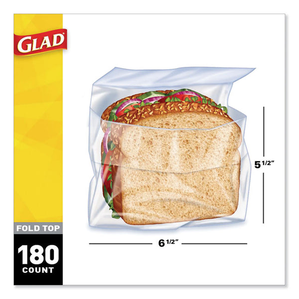 Glad® Fold-Top Sandwich Bags, 6.5" x 5.5", Clear, 180/Box, 12 Boxes/Carton (CLO60771)