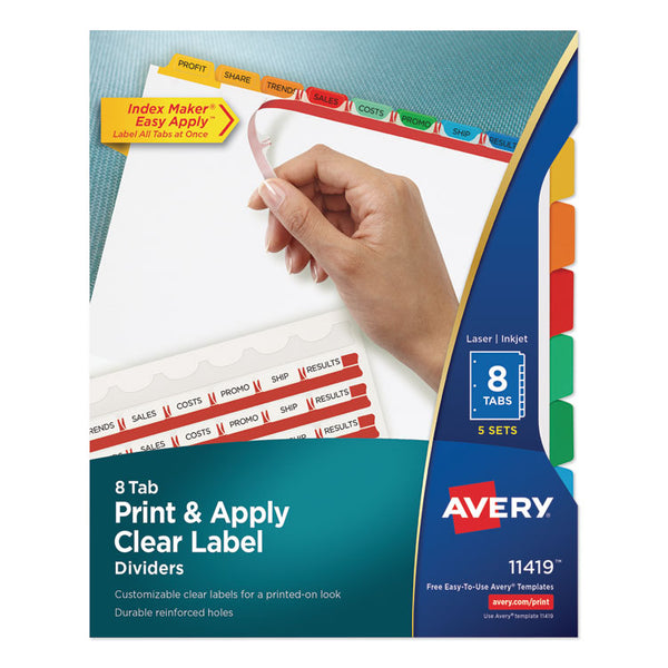 Avery® Print and Apply Index Maker Clear Label Dividers, 8-Tab, Color Tabs, 11 x 8.5, White, Traditional Color Tabs, 5 Sets (AVE11419)