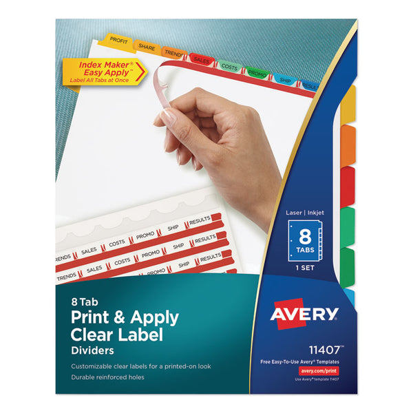 Avery® Print and Apply Index Maker Clear Label Dividers, 8-Tab, Color Tabs, 11 x 8.5, White, Traditional Color Tabs, 1 Set (AVE11407)