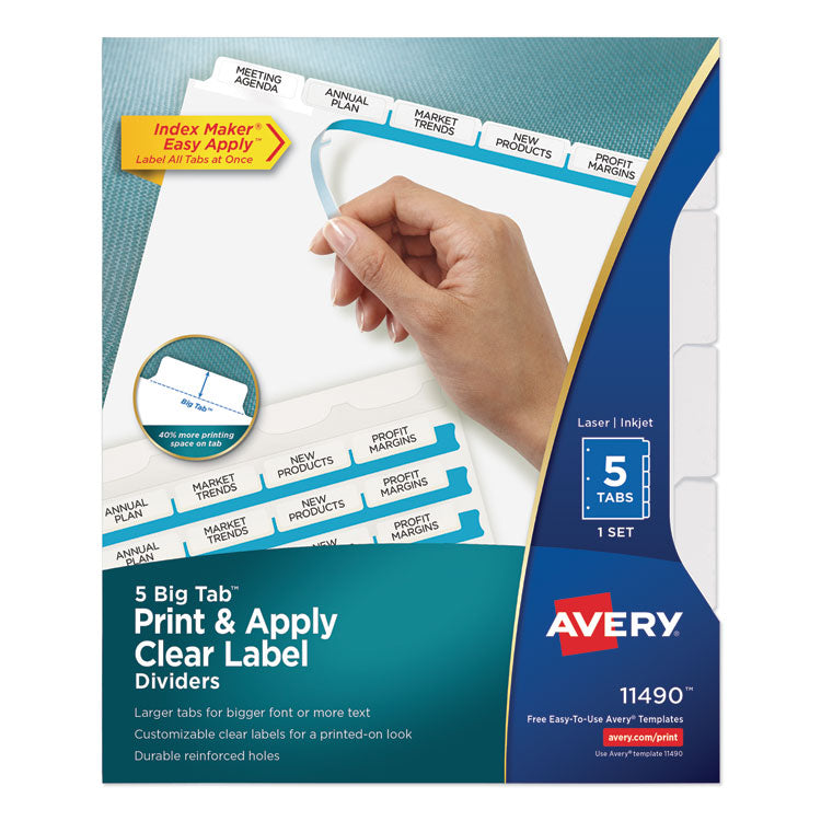 Avery® Print and Apply Index Maker Clear Label Dividers, Big Tab, 5-Tab, White Tabs, 11 x 8.5, White, 1 Set (AVE11490)