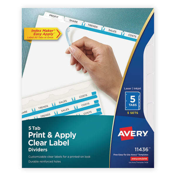 Avery® Print and Apply Index Maker Clear Label Dividers, 5-Tab, White Tabs, 11 x 8.5, White, 5 Sets (AVE11436)