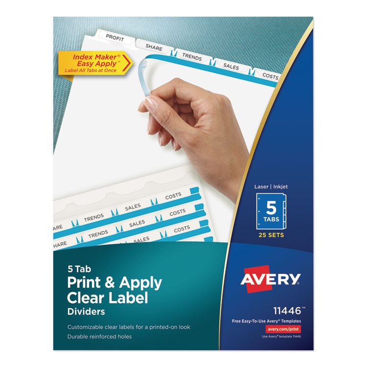 Avery® Print and Apply Index Maker Clear Label Dividers, 5-Tab, White Tabs, 11 x 8.5, White, 25 Sets (AVE11446)