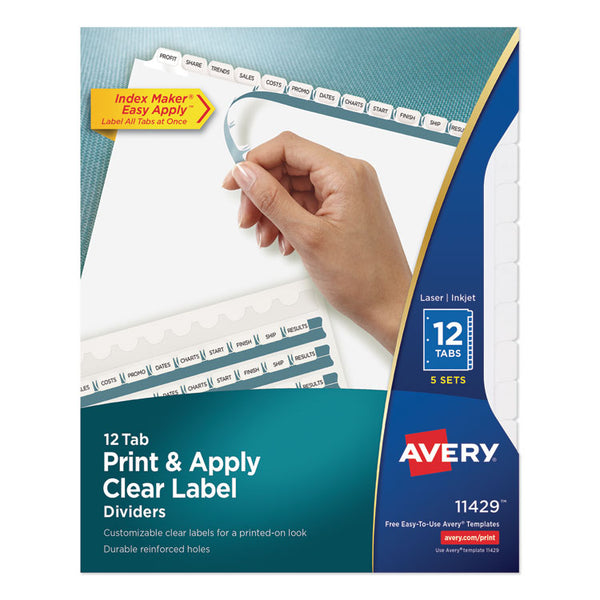 Avery® Print and Apply Index Maker Clear Label Dividers, 12-Tab, White Tabs, 11 x 8.5, White, 5 Sets (AVE11429)