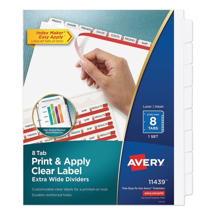 Avery® Print and Apply Index Maker Clear Label Dividers, Extra Wide Tab, 8-Tab, 11.25 x 9.25, White, 1 Set (AVE11439)