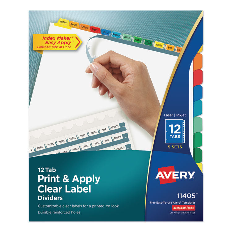 Avery® Print and Apply Index Maker Clear Label Dividers, 12-Tab, Color Tabs, 11 x 8.5, White, 5 Sets (AVE11405)