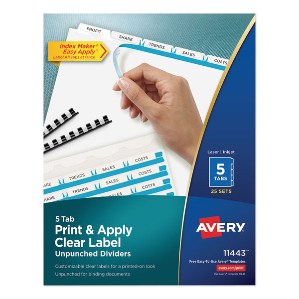 Avery® Print and Apply Index Maker Clear Label Unpunched Dividers, 5-Tab, 11 x 8.5, White, 25 Sets (AVE11443)