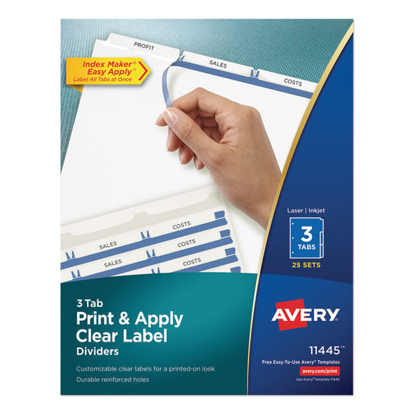 Avery® Print and Apply Index Maker Clear Label Dividers, 3-Tab, White Tabs, 11 x 8.5, White, 25 Sets (AVE11445)