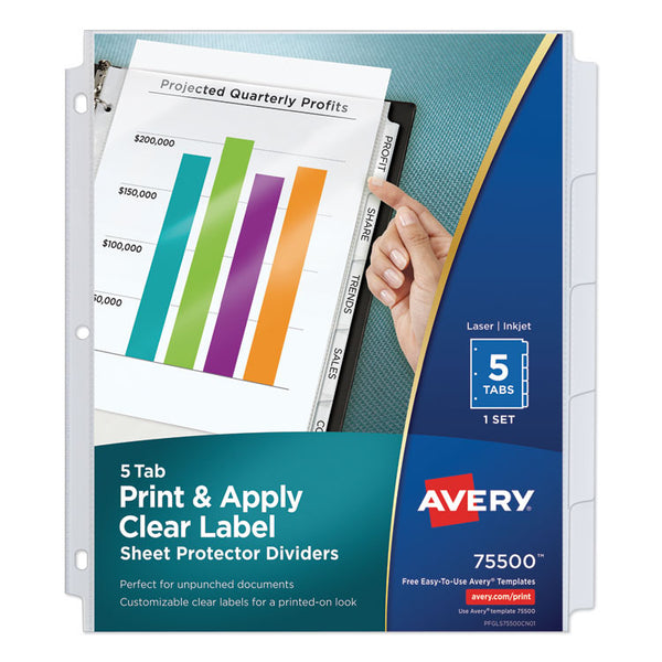 Avery® Print and Apply Index Maker Clear Label Sheet Protector Dividers with White Tabs, 5-Tab, 11 x 8.5, White, 1 Set (AVE75500)