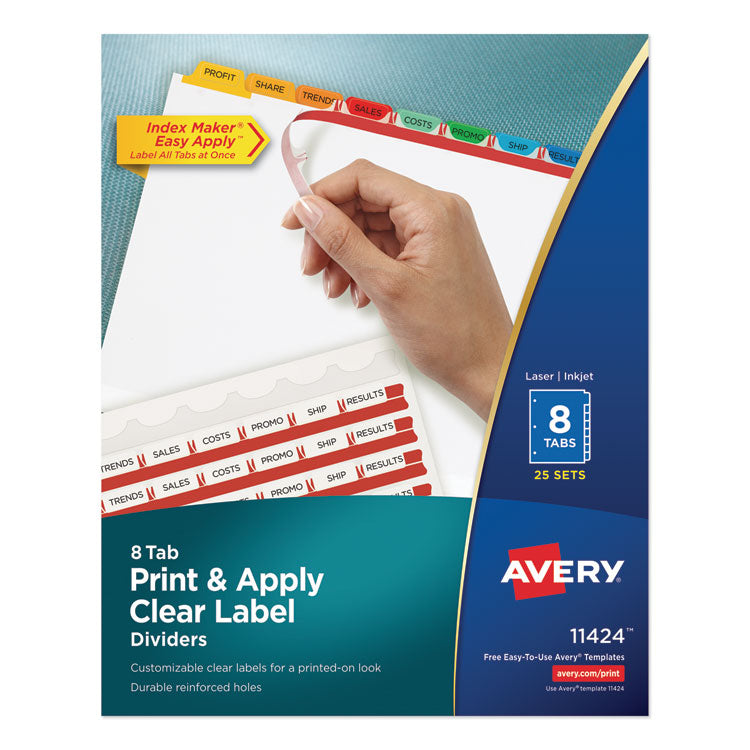 Avery® Print and Apply Index Maker Clear Label Dividers, 8-Tab, Color Tabs, 11 x 8.5, White, Traditional Color Tabs, 25 Sets (AVE11424)