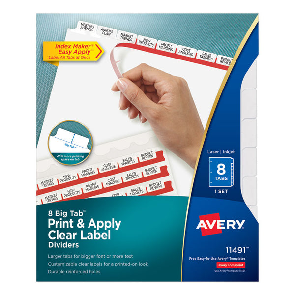 Avery® Print and Apply Index Maker Clear Label Dividers, Big Tab, 8-Tab, 11 x 8.5, White, 1 Set (AVE11491)