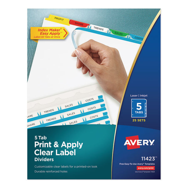 Avery® Print and Apply Index Maker Clear Label Dividers, 5-Tab, Color Tabs, 11 x 8.5, White, Traditional Color Tabs, 25 Sets (AVE11423)