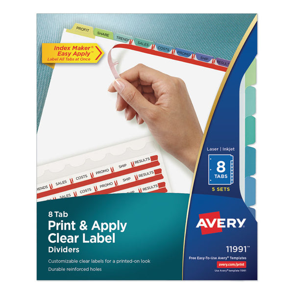 Avery&reg; Print and Apply Index Maker Clear Label Dividers, 8 Color Tabs, Letter, 5 Sets (AVE11991)