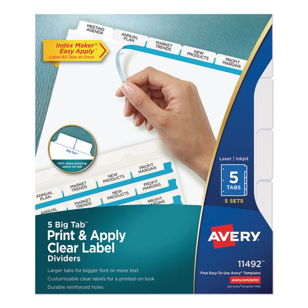 Avery® Print and Apply Index Maker Clear Label Dividers, Big Tab, 5-Tab, White Tabs, 11 x 8.5, White, 5 Sets (AVE11492)