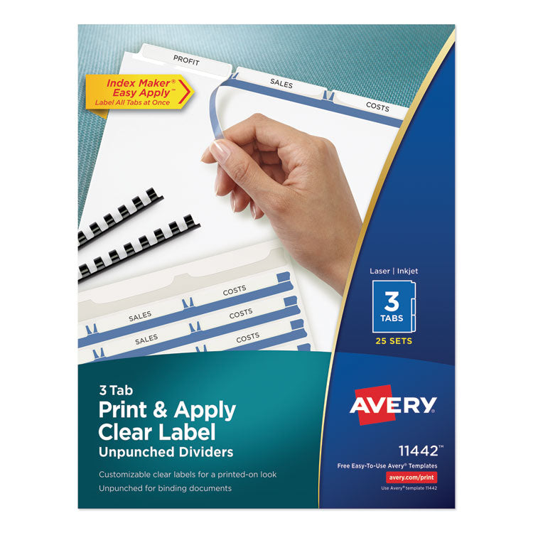 Avery&reg; Print and Apply Index Maker Clear Label Unpunched Dividers, 3-Tab, Ltr, 25 Sets (AVE11442)