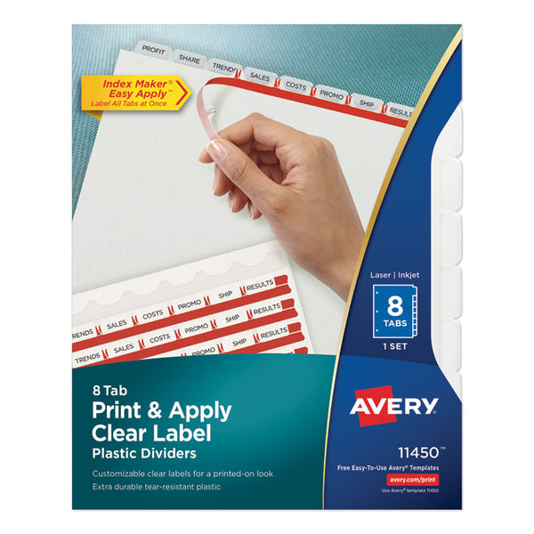 Avery® Print and Apply Index Maker Clear Label Plastic Dividers w/Printable Label Strip, 8-Tab, 11 x 8.5, Frosted Clear Tabs, 1 Set (AVE11450)