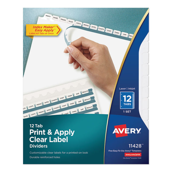 Avery® Print and Apply Index Maker Clear Label Dividers, 12-Tab, White Tabs, 11 x 8.5, White, 1 Set (AVE11428)