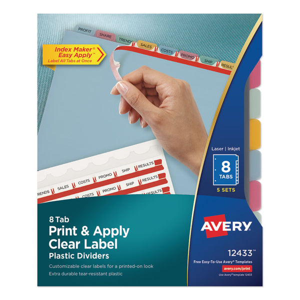 Avery® Print and Apply Index Maker Clear Label Plastic Dividers with Printable Label Strip, 8-Tab, 11 x 8.5, Assorted Tabs, 5 Sets (AVE12433)
