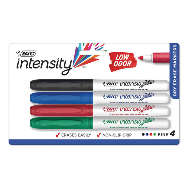 BIC® Intensity Low Odor Fine Point Dry Erase Marker, Fine Bullet Tip, Assorted Colors, 4/Set (BICGDEP41ASST)