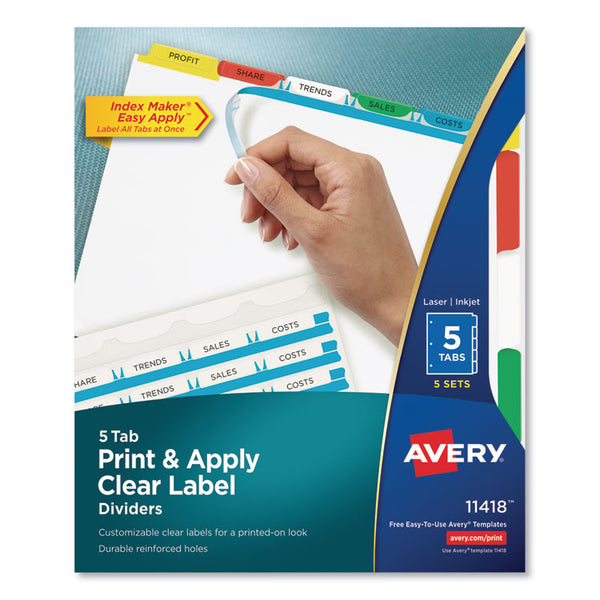 Avery® Print and Apply Index Maker Clear Label Dividers, 5-Tab, Color Tabs, 11 x 8.5, White, Traditional Color Tabs, 5 Sets (AVE11418)