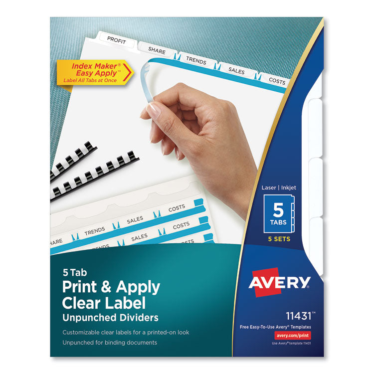 Avery® Print and Apply Index Maker Clear Label Unpunched Dividers, 5-Tab, 11 x 8.5, White, 5 Sets (AVE11431)