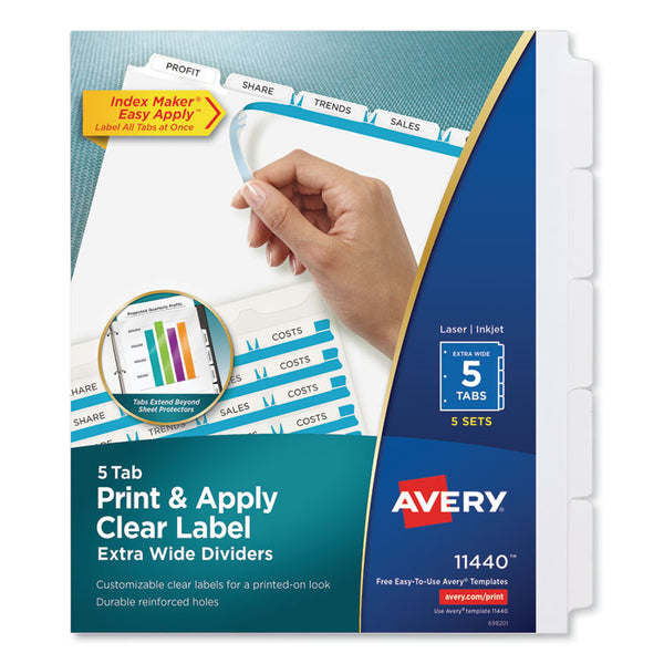 Avery® Print and Apply Index Maker Clear Label Dividers, Extra Wide Tab, 5-Tab, White Tabs, 11.25 x 9.25, White, 5 Sets (AVE11440)