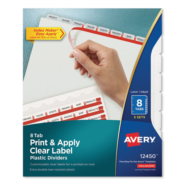 Avery® Print and Apply Index Maker Clear Label Plastic Dividers w/Printable Label Strip, 8-Tab, 11 x 8.5, Frosted Clear Tabs, 5 Sets (AVE12450)