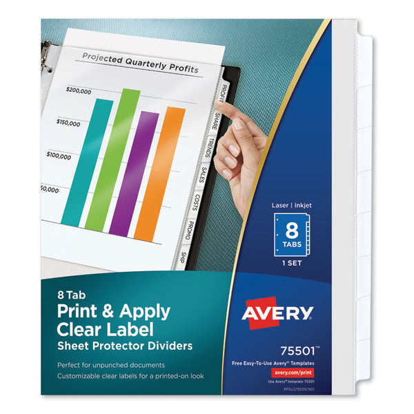 Avery® Print and Apply Index Maker Clear Label Sheet Protector Dividers with White Tabs, 8-Tab, 11 x 8.5, Clear, 1 Set (AVE75501)