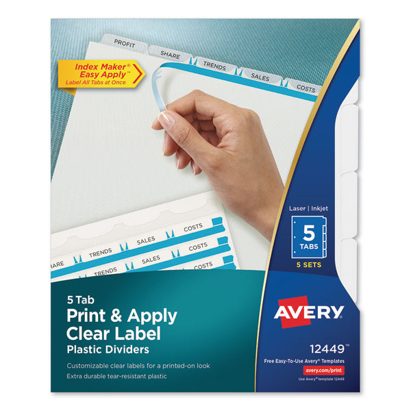 Avery® Print and Apply Index Maker Clear Label Plastic Dividers w/Printable Label Strip, 5-Tab, 11 x 8.5, Frosted Clear Tabs, 5 Sets (AVE12449)