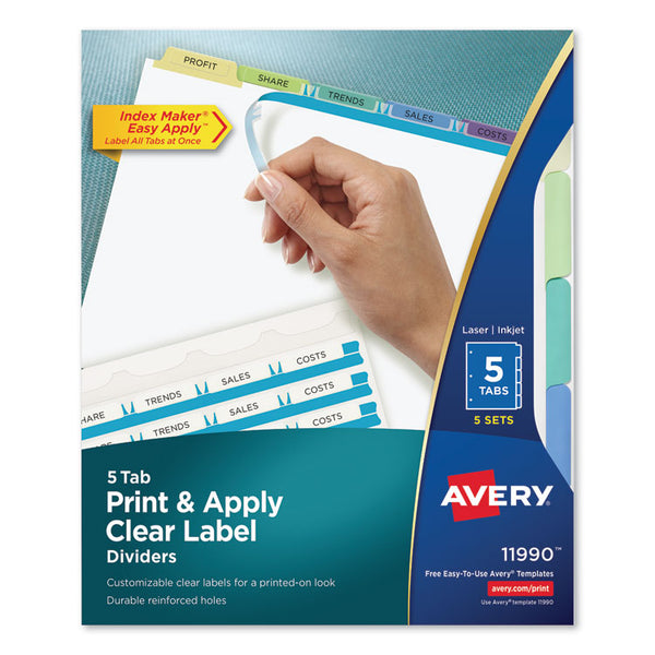 Avery&reg; Print and Apply Index Maker Clear Label Dividers, 5 Color Tabs, Letter, 5 Sets (AVE11990)