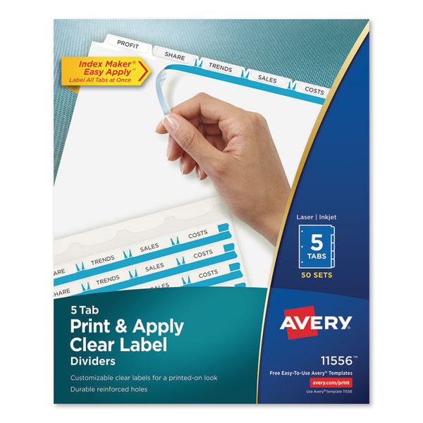 Avery® Print and Apply Index Maker Clear Label Dividers, 5-Tab, White Tabs, 11 x 8.5, White, 50 Sets (AVE11556)