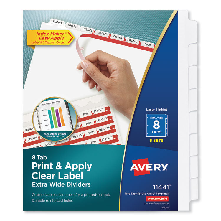 Avery® Print and Apply Index Maker Clear Label Dividers, Extra Wide Tabs, 8-Tab, 11.25 x 9.25, White, 5 Sets (AVE11441)